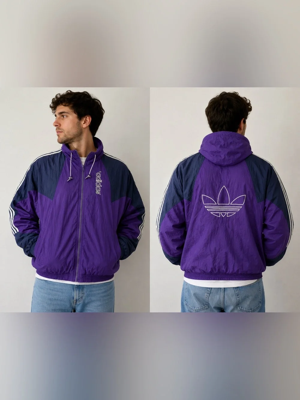 Vintage Adidas Trefoil Hooded Puffer Jacket Purple Black 90s Spellout Stripe L